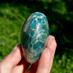 Large Blue Apatite Crystal Heart Shaped Palm Stone 2.8in 250g for sale