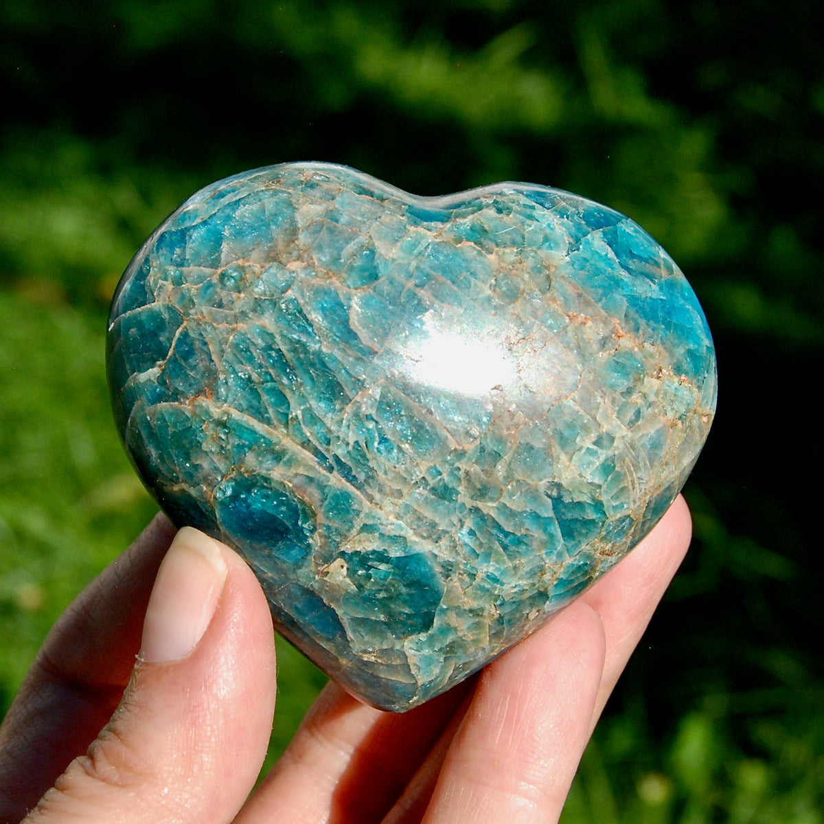 Large Blue Apatite Crystal Heart Shaped Palm Stone 2.8in 250g for sale