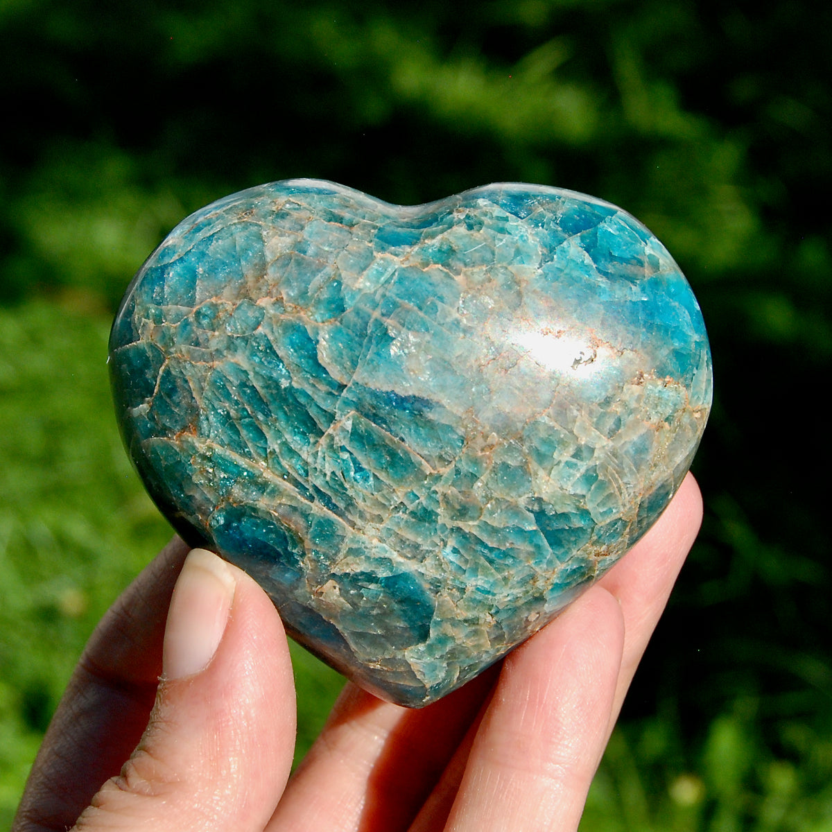Large Blue Apatite Crystal Heart Shaped Palm Stone 2.8in 250g for sale