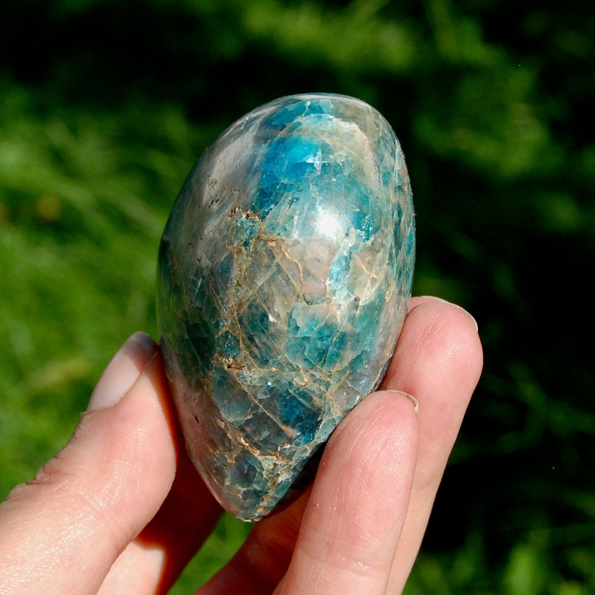 Large Blue Apatite Crystal Heart Shaped Palm Stone 2.8in 250g for sale