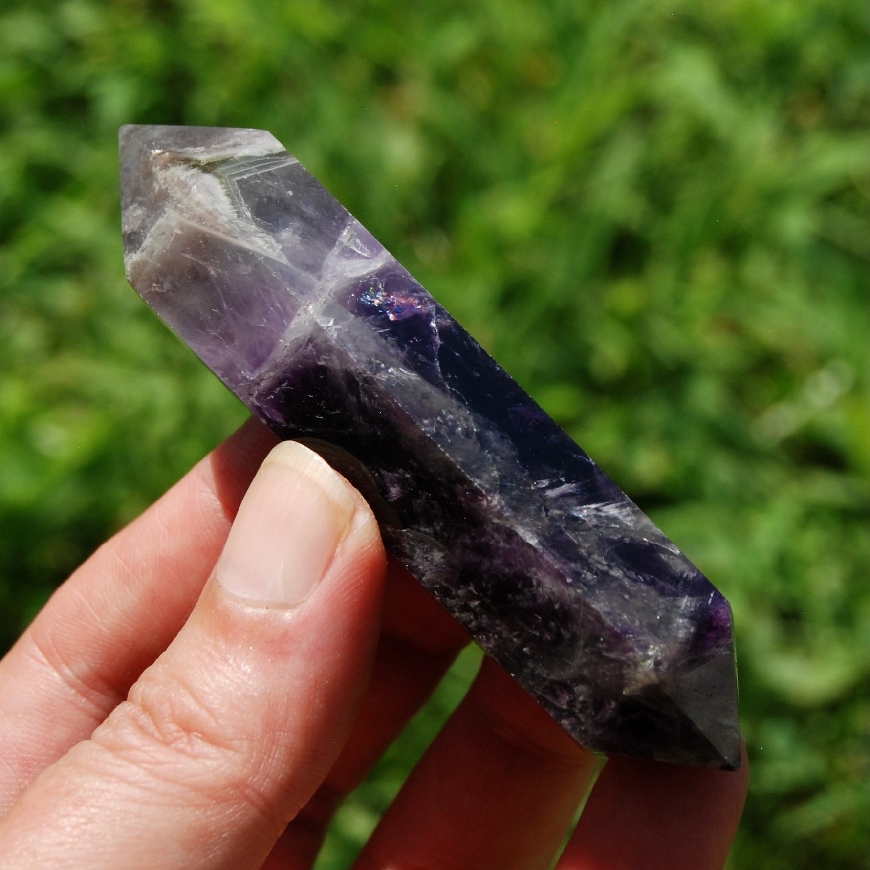 DT Chevron Amethyst Crystal Point, double terminated amethyst polished point