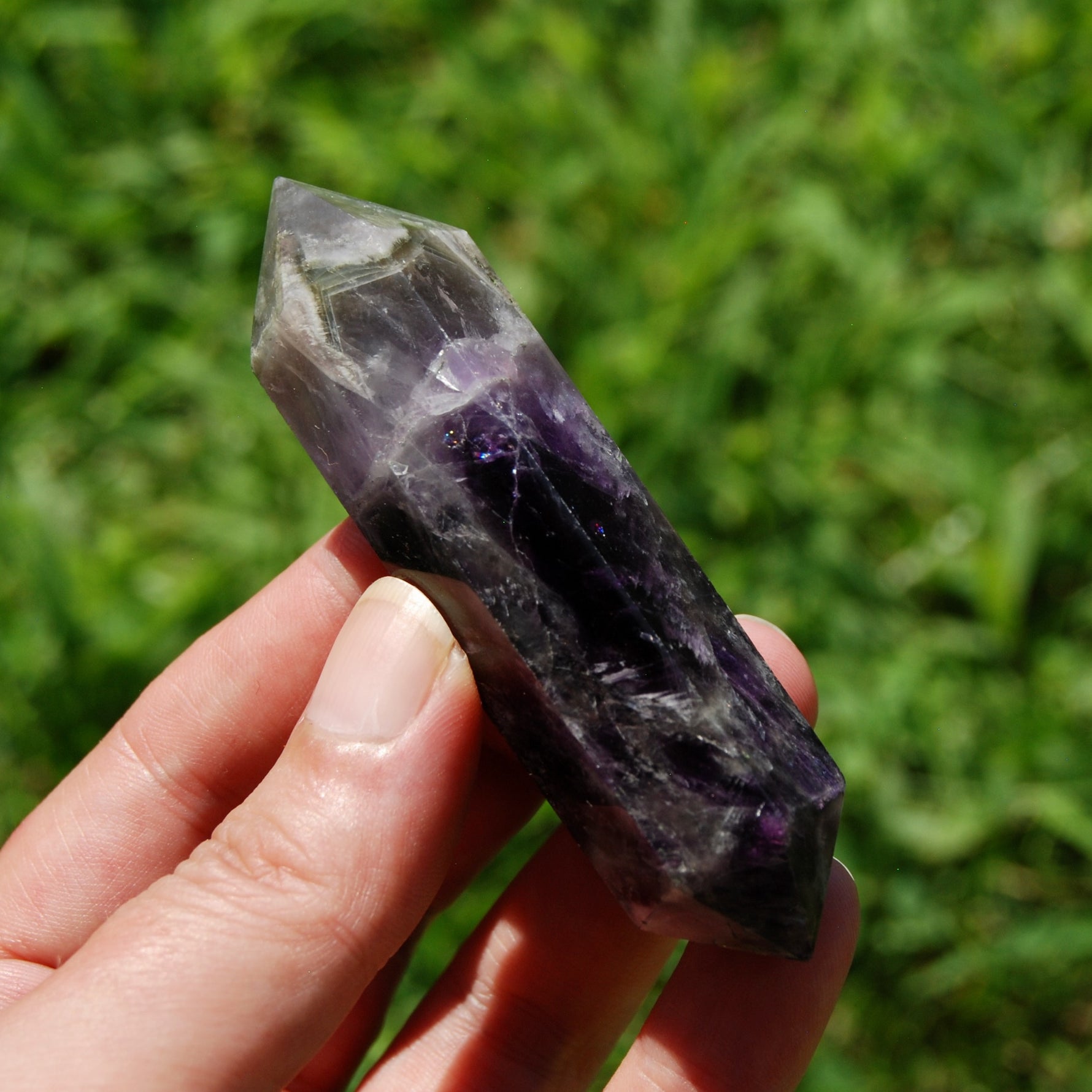 DT Chevron Amethyst Crystal Point, double terminated amethyst polished point