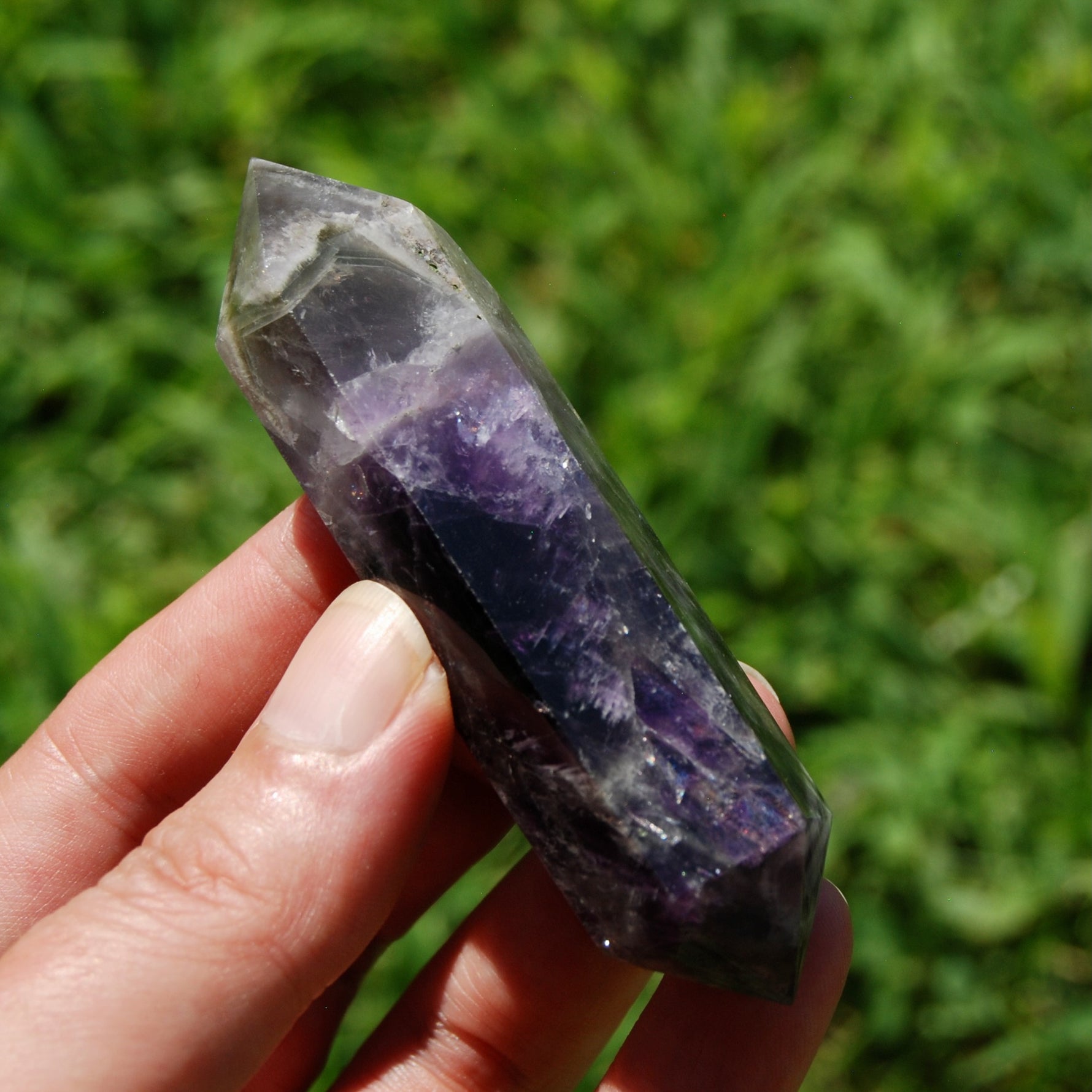 DT Chevron Amethyst Crystal Point, double terminated amethyst polished point