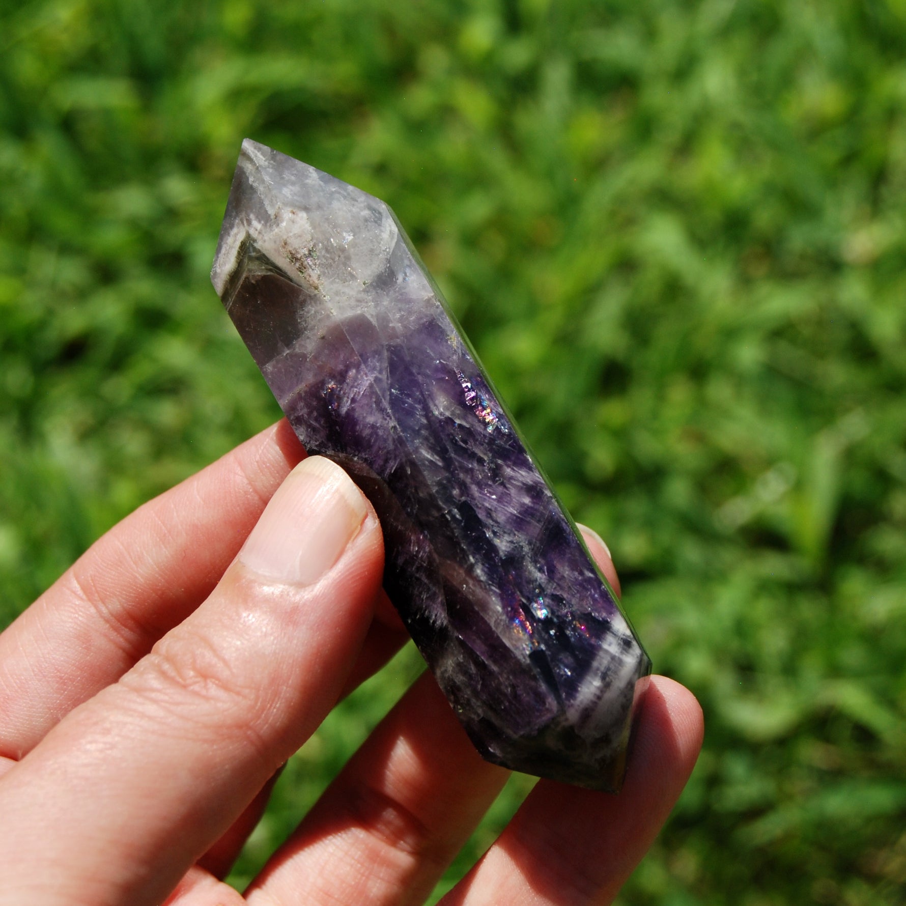 DT Chevron Amethyst Crystal Point, double terminated amethyst polished point