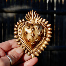 Load image into Gallery viewer, Sacred Heart Ex Voto Locket Ornament Antiqued Gold Burning Heart Milagro
