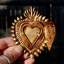 Load image into Gallery viewer, Sacred Heart Ex Voto Locket Ornament Antiqued Gold Burning Heart Milagro
