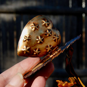 Sacred Heart Ex Voto Locket Ornament Antiqued Gold Burning Heart Milagro