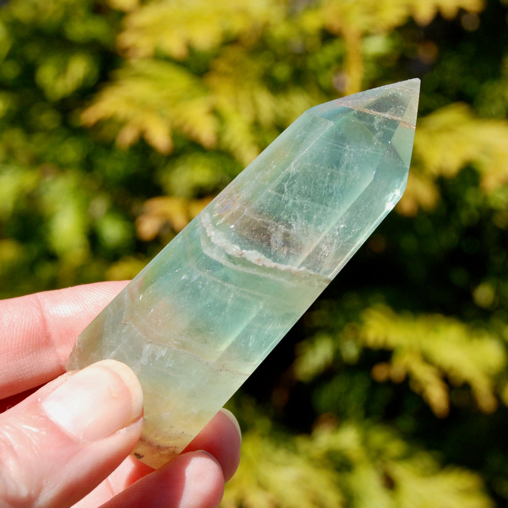 Watermelon Fluorite Crystal Tower, polished green transparent fluorite