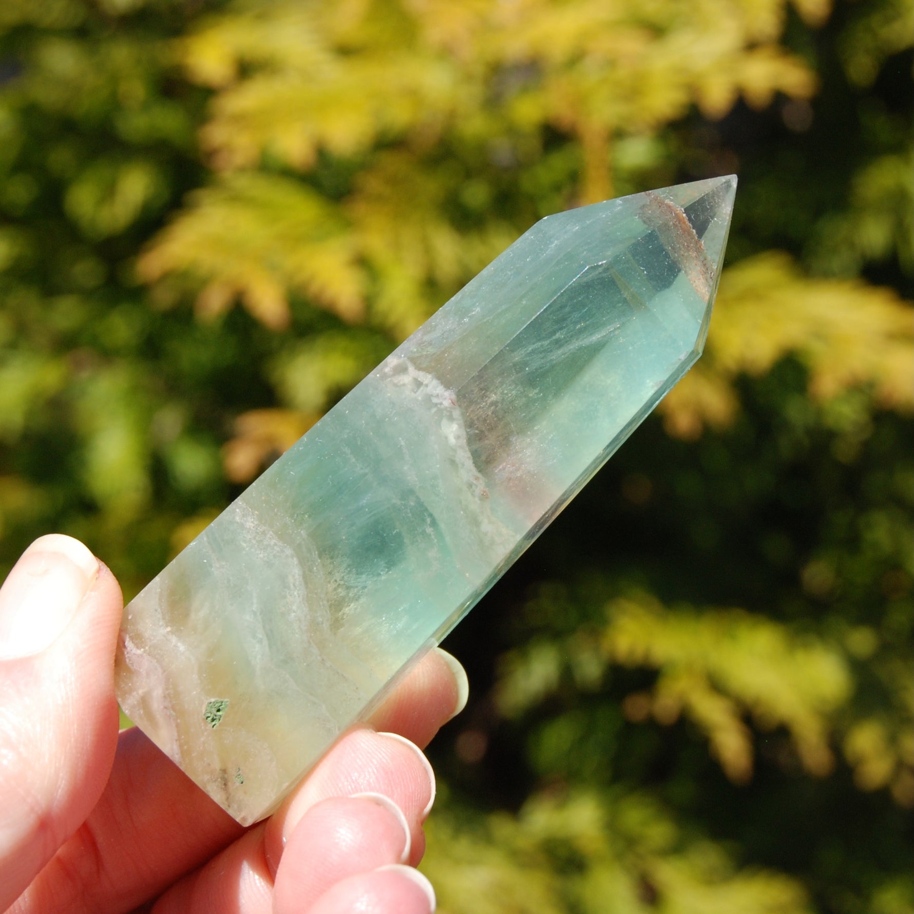 Watermelon Fluorite Crystal Tower, polished green transparent fluorite