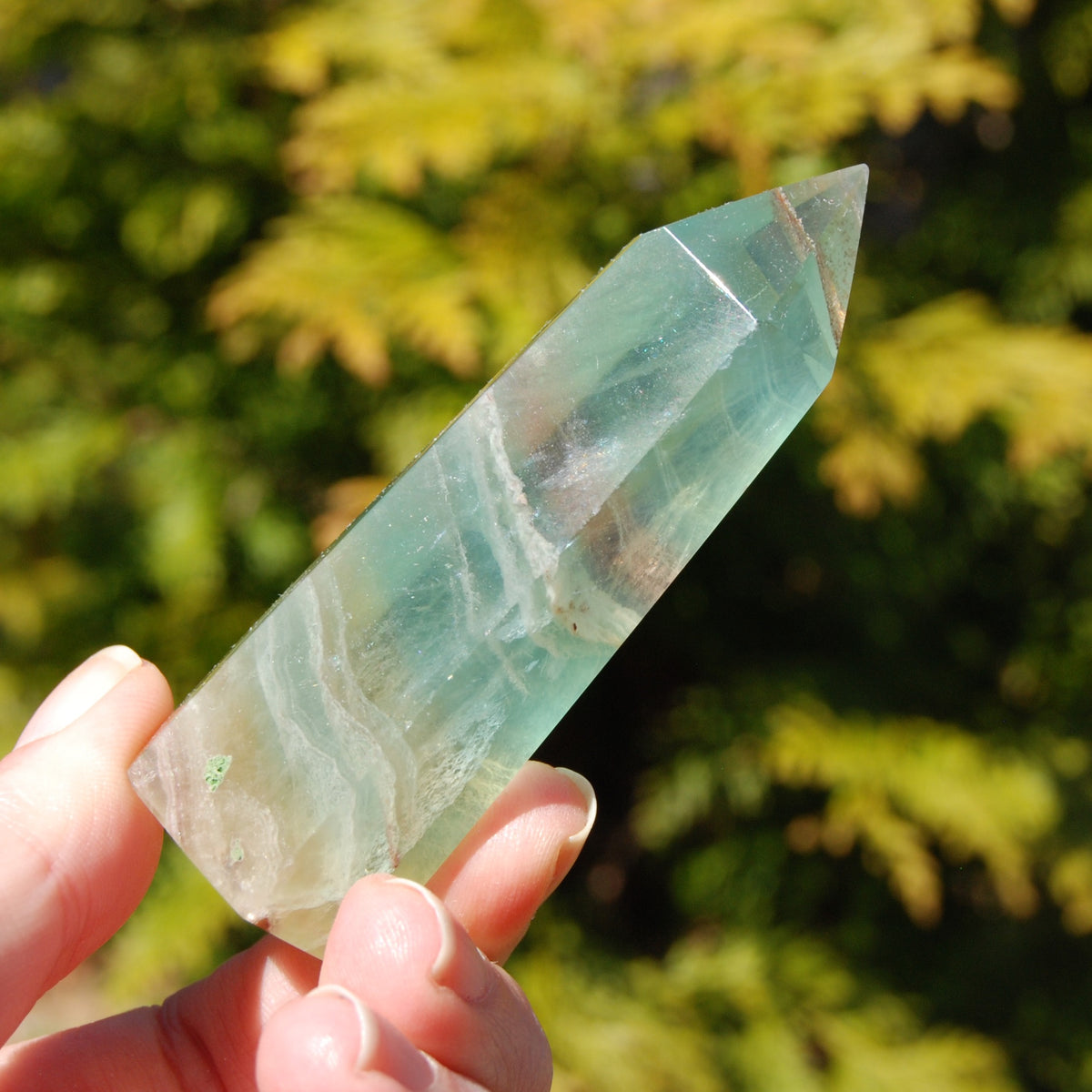Watermelon Fluorite Crystal Tower, polished green transparent fluorite