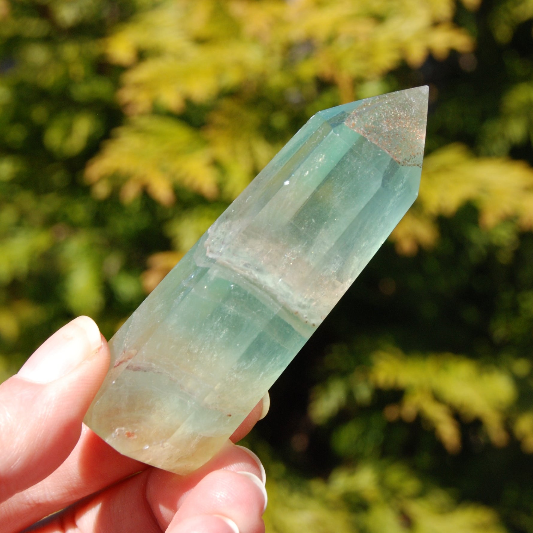 Watermelon Fluorite Crystal Tower, polished green transparent fluorite