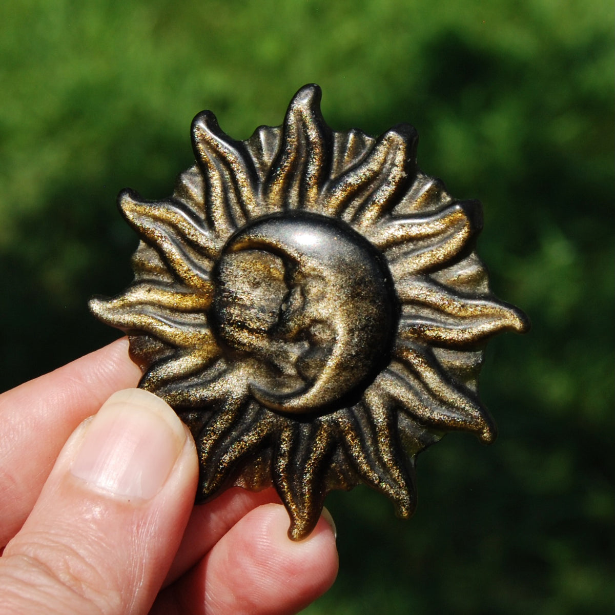 Gold Sheen Obsidian Carved Crystal Sun Moon Face
