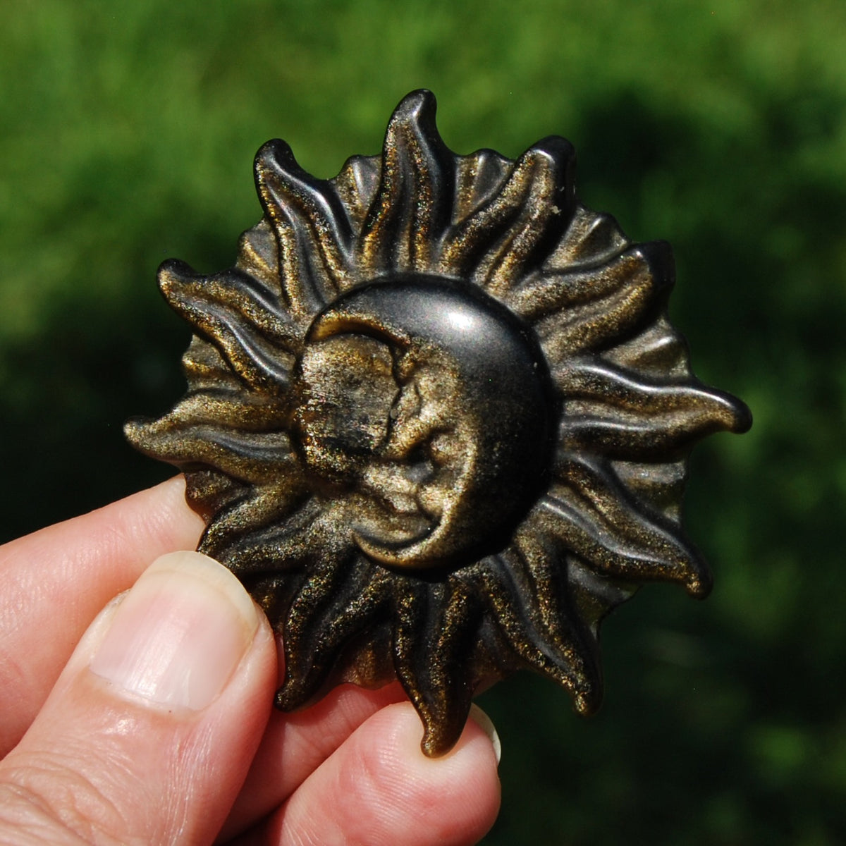 Gold Sheen Obsidian Carved Crystal Sun Moon Face