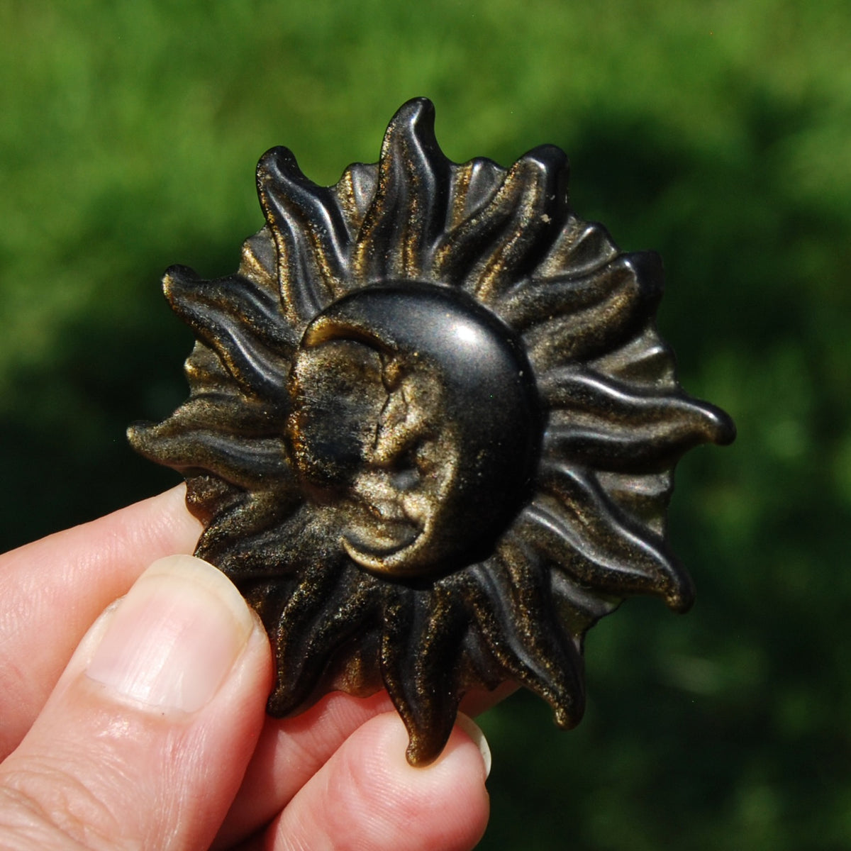 Gold Sheen Obsidian Carved Crystal Sun Moon Face