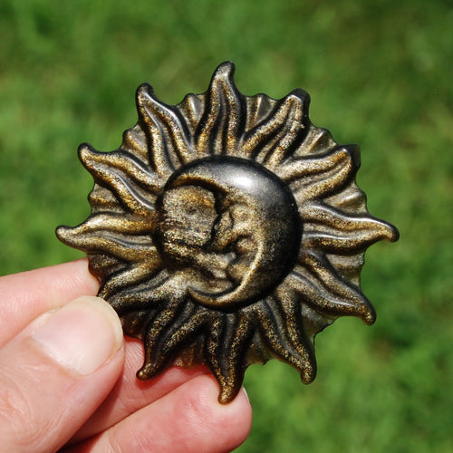 Gold Sheen Obsidian Carved Crystal Sun Moon Face