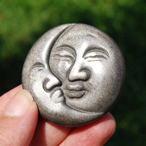 Silver Sheen Obsidian Carved Crystal Sun Moon Face