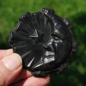 Silver Sheen Obsidian Carved Crystal Moon Face