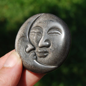 Silver Sheen Obsidian Carved Crystal Sun Moon Face