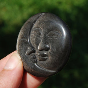 Silver Sheen Obsidian Carved Crystal Sun Moon Face