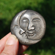 Load image into Gallery viewer, Silver Sheen Obsidian Carved Crystal Sun Moon Face
