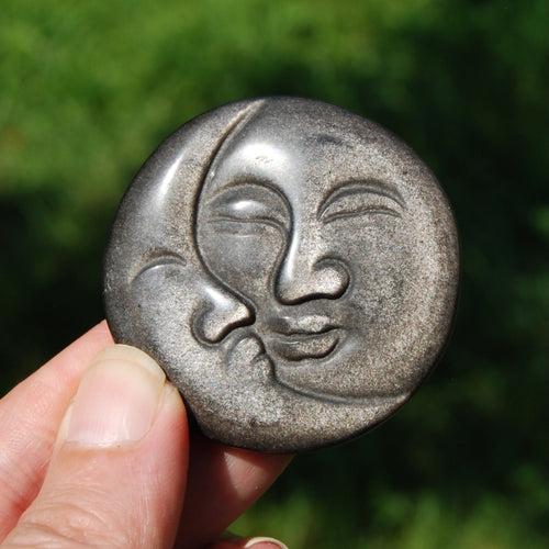 Silver Sheen Obsidian Carved Crystal Sun Moon Face