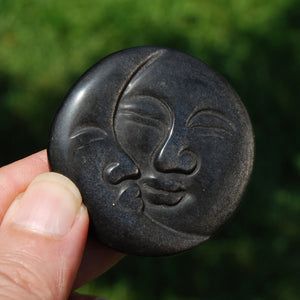 Silver Sheen Obsidian Carved Crystal Sun Moon Face