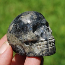 Load image into Gallery viewer, Blue Opal Llanite Carved Crystal Skull, Que Sera Crystal Skull Carving
