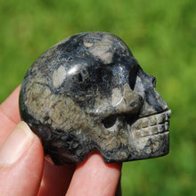 Load image into Gallery viewer, Blue Opal Llanite Carved Crystal Skull, Que Sera Crystal Skull Carving
