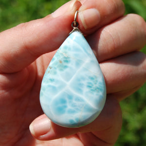 XL Genuine Larimar Teardrop Pendant for Necklace, Sterling Silver, Dominican Republic