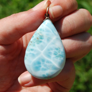 XL Genuine Larimar Teardrop Pendant for Necklace, Sterling Silver, Dominican Republic