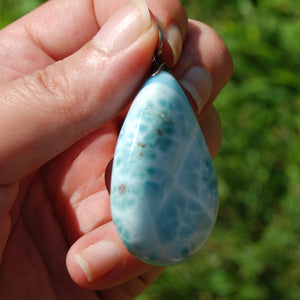 XL Genuine Larimar Teardrop Pendant for Necklace, Sterling Silver, Dominican Republic