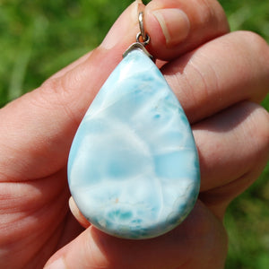 XL Genuine Larimar Teardrop Pendant for Necklace, Sterling Silver, Dominican Republic