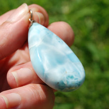 Load image into Gallery viewer, 136ct 2.2in XL Genuine Larimar Teardrop Pendant for Necklace, Sterling Silver, Dominican Republic k1
