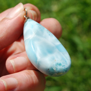 136ct 2.2in XL Genuine Larimar Teardrop Pendant for Necklace, Sterling Silver, Dominican Republic k1