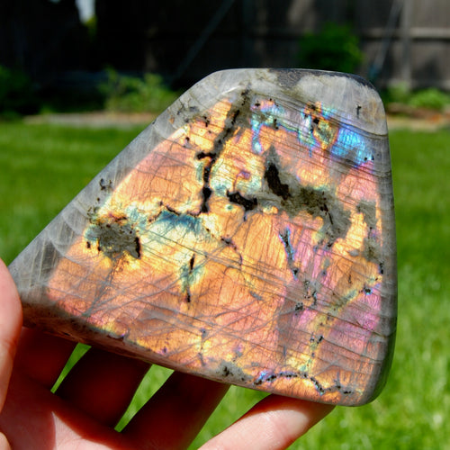 XL Pink Purple Sunset Labradorite Crystal Freeform Tower, Super Flashy Spectrolite