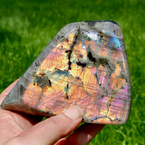 XL Pink Purple Sunset Labradorite Crystal Freeform Tower, Super Flashy Spectrolite