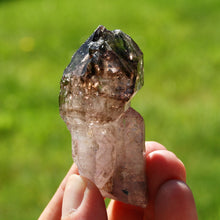 Load image into Gallery viewer, ET Crowned Scepter Smoky Fenster Amethyst Quartz Crystal Elestial Tantric Twin, Specular Hematite Lepidocrocite Fenster Amethyst
