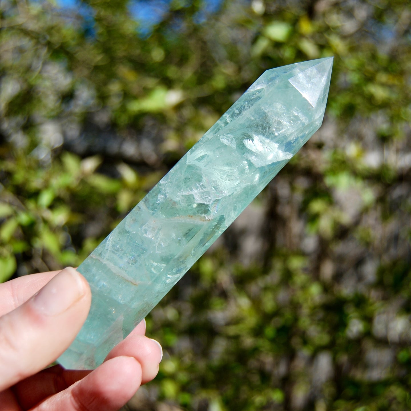 Green Watermelon Fluorite Crystal Tower, Rainbow Filled Transparent Fluorite