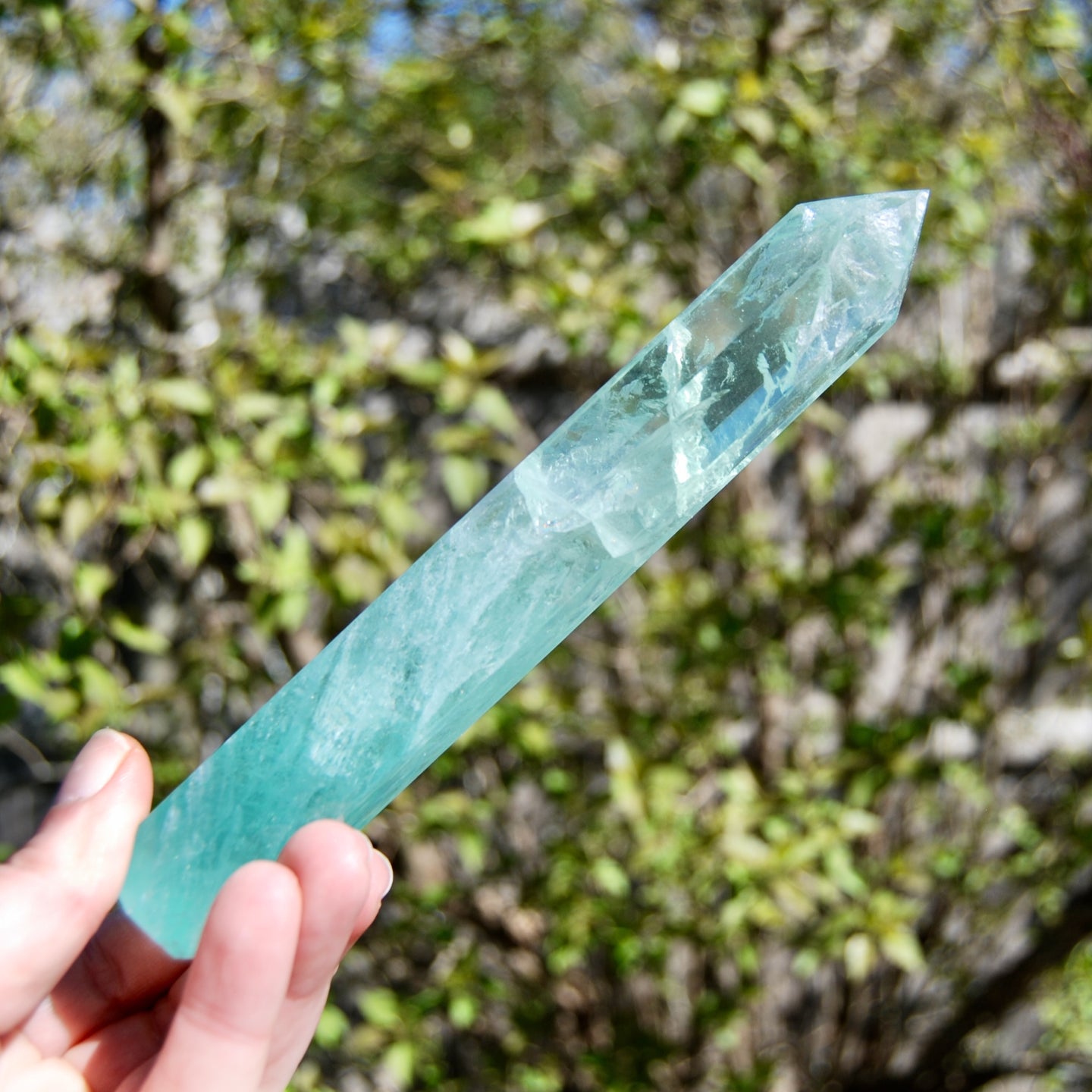 Green Watermelon Fluorite Crystal Tower, Rainbow Filled Transparent Fluorite