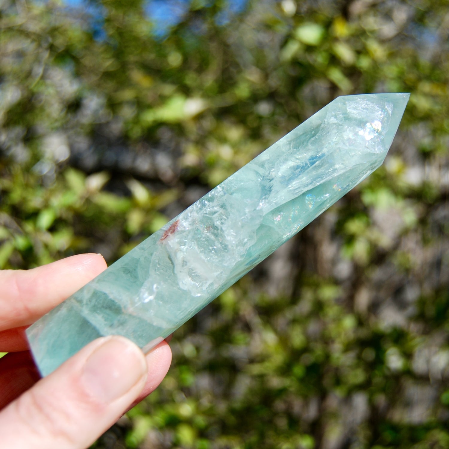 Green Watermelon Fluorite Crystal Tower, Rainbow Filled Transparent Fluorite