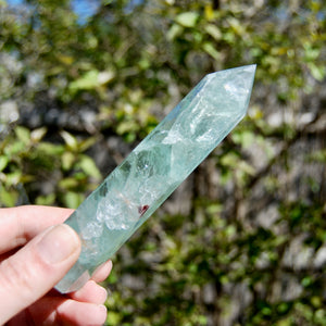 Green Watermelon Fluorite Crystal Tower, Rainbow Filled Transparent Fluorite