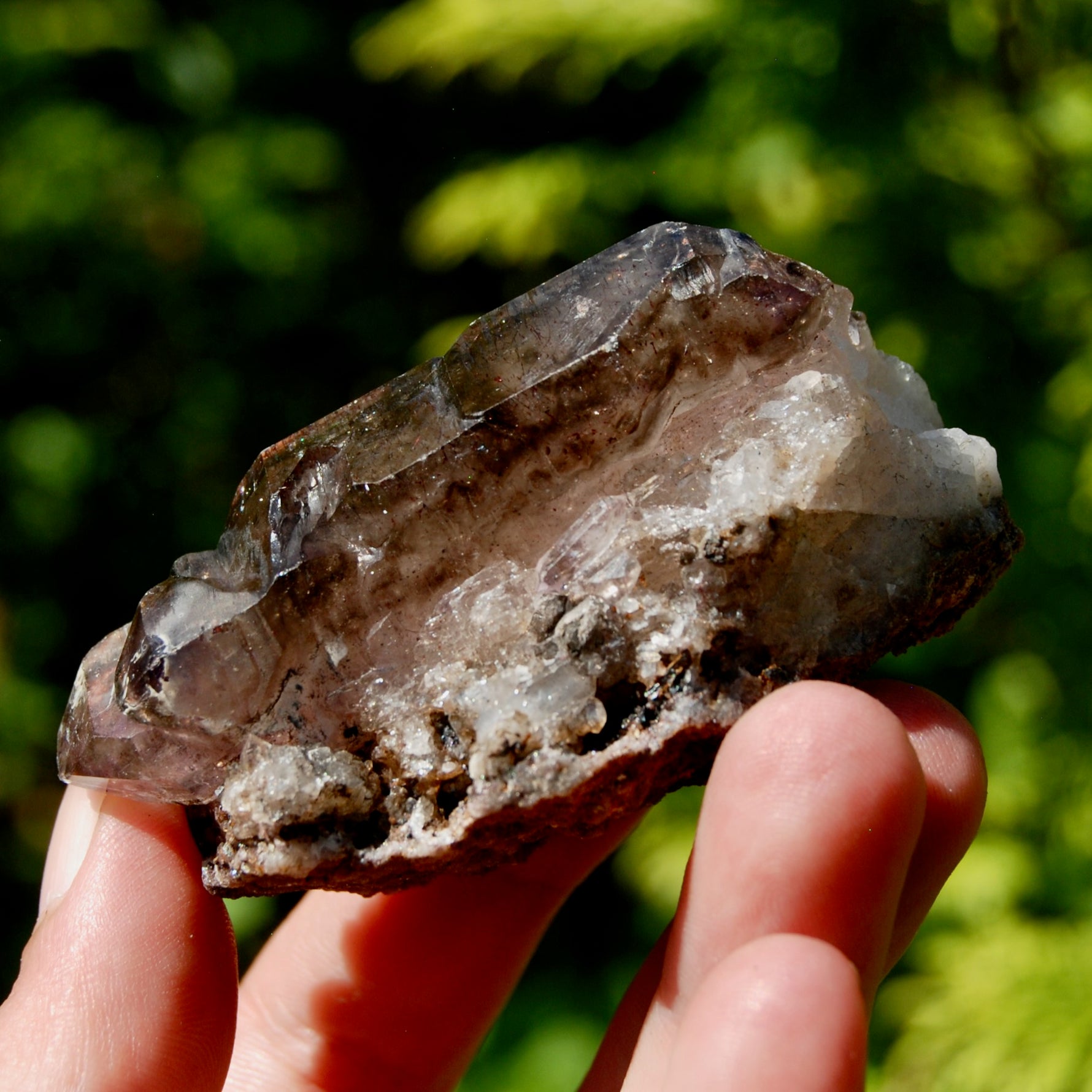 Smoky Phantom Elestial Amethyst Quartz Crystal, Glittering Red Specular Hematite