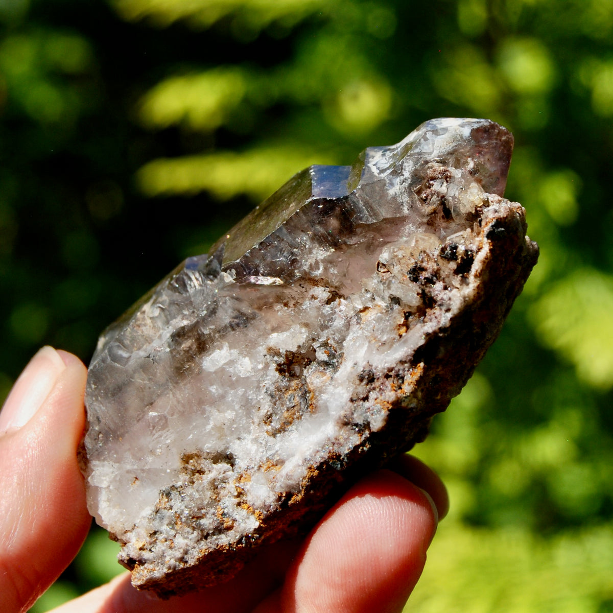 Smoky Phantom Elestial Amethyst Quartz Crystal, Glittering Red Specular Hematite