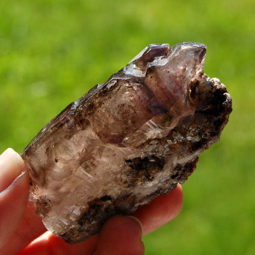 Smoky Phantom Elestial Amethyst Quartz Crystal, Glittering Red Specular Hematite