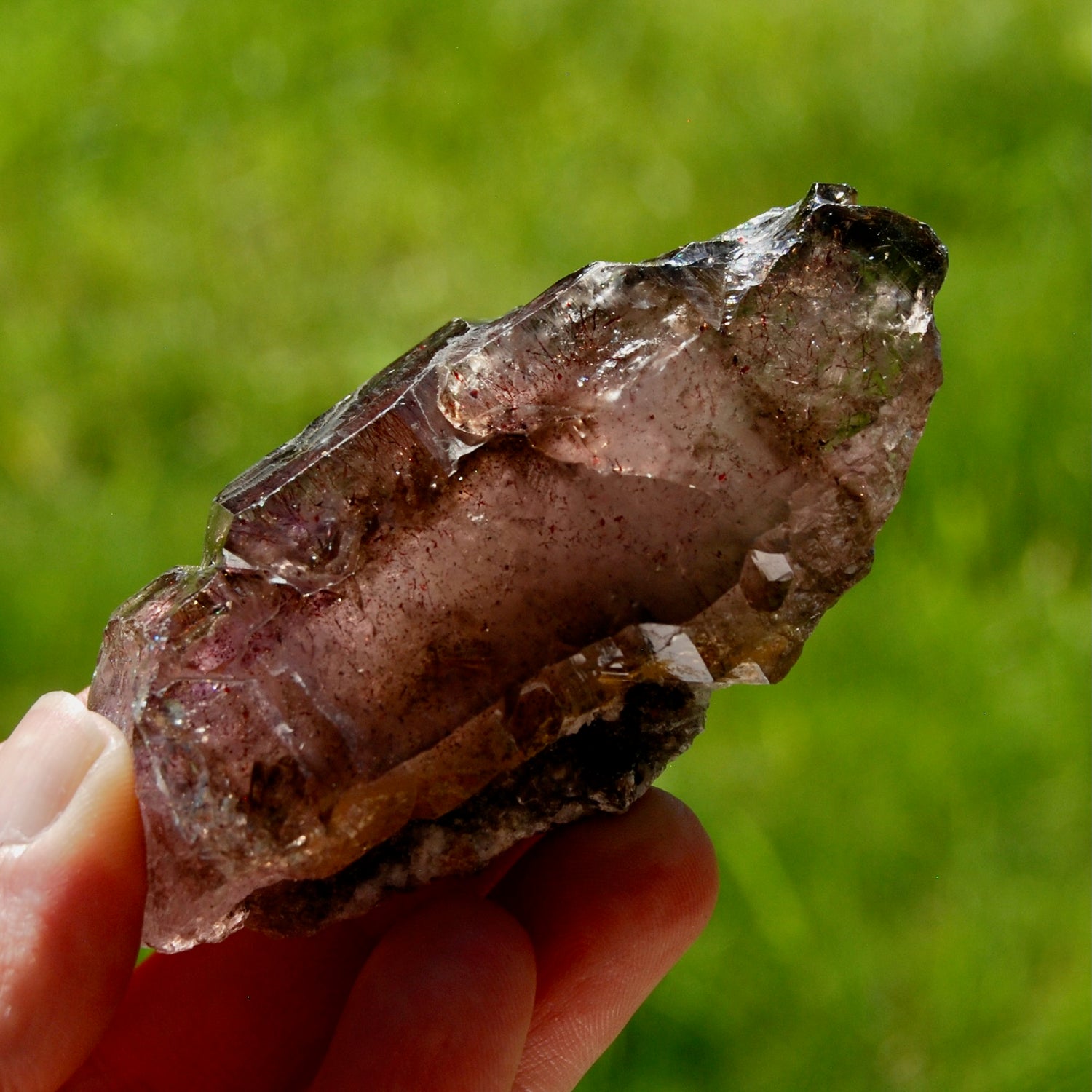 Smoky Amethyst Quartz Crystal Elestial, Specular Hematite Lepidocrocite, Zimbabwe