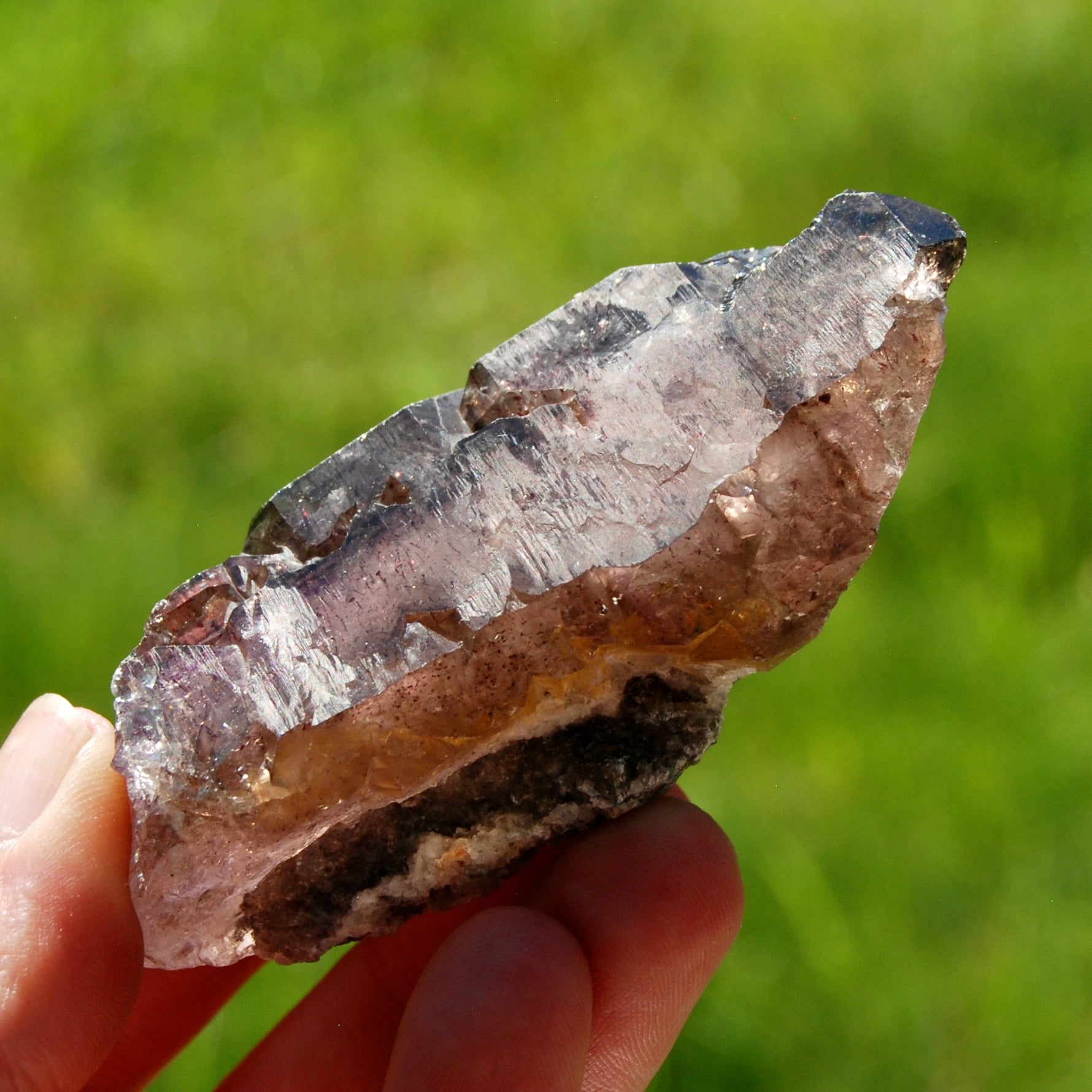 Smoky Amethyst Quartz Crystal Elestial, Specular Hematite Lepidocrocite, Zimbabwe