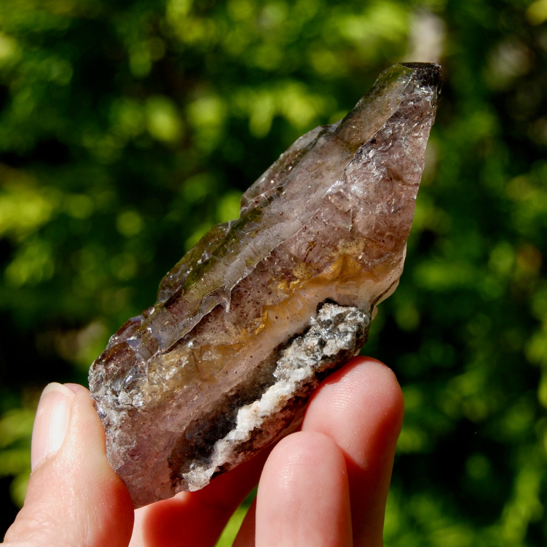 Smoky Amethyst Quartz Crystal Elestial, Specular Hematite Lepidocrocite, Zimbabwe