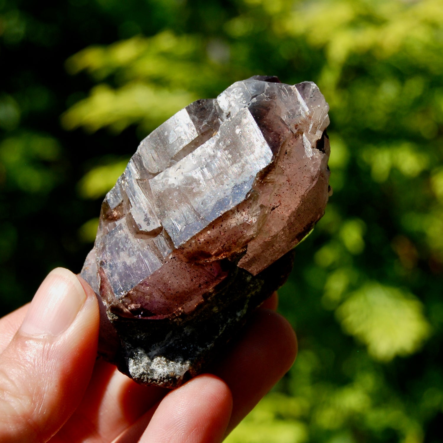 ET Smoky Elestial Amethyst Quartz Crystal, Sparkling Red Specular Hematite