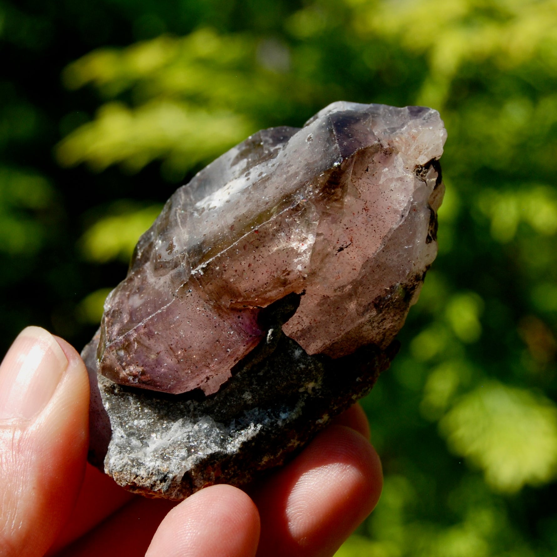 ET Smoky Elestial Amethyst Quartz Crystal, Sparkling Red Specular Hematite