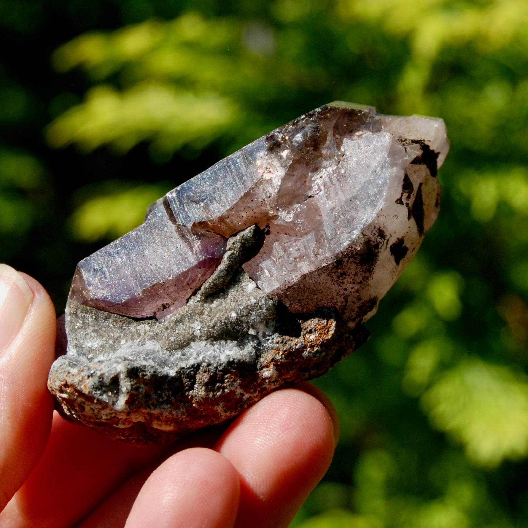 ET Smoky Elestial Amethyst Quartz Crystal, Sparkling Red Specular Hematite